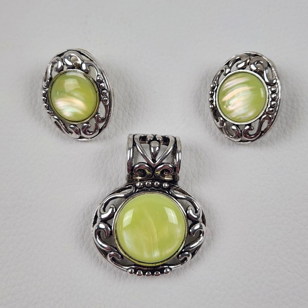 VTG Estate Pendant and Earrings Set Lime Green Chartreuse Silver Tone Scrollwork